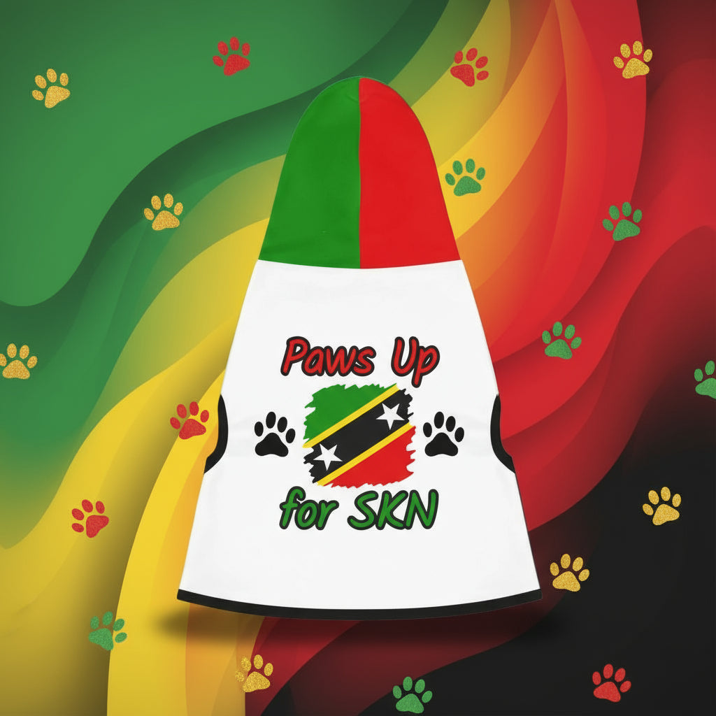 Dog cone with 'Paws Up for SKN' text and flag design on a white background