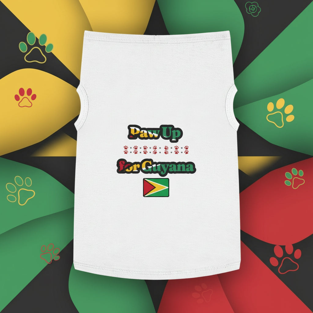 White sleeveless shirt with 'Daw Up for Guyana' text and flag on a white background