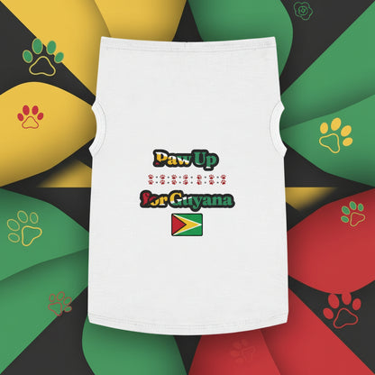White sleeveless shirt with 'Daw Up for Guyana' text and flag on a white background