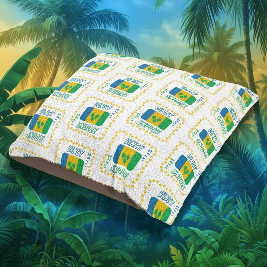 Patterned towel with colorful logo and text on a white background