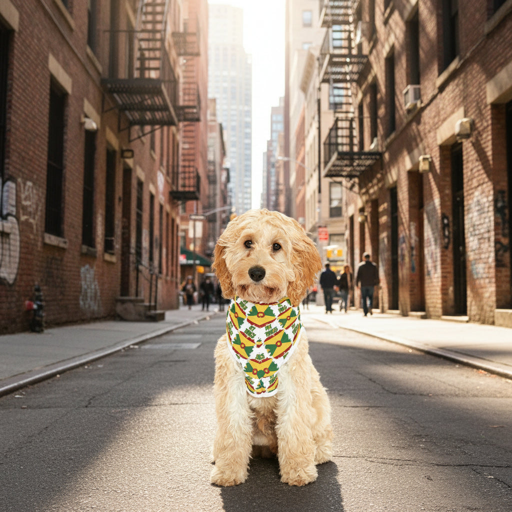 Dog wearing a colorful bandana with a pattern on a white background