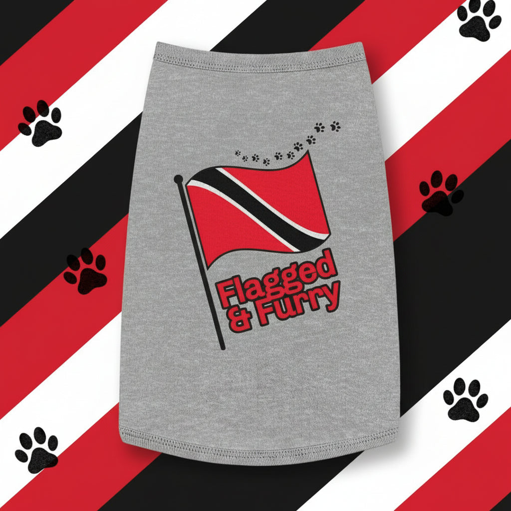 Gray dog dress with a flag design and 'Flagged & Furry' text on a white background