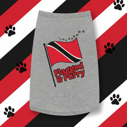 Gray dog dress with a flag design and 'Flagged & Furry' text on a white background