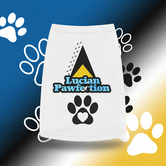 A dog wearing a gray tank top with 'Pawfection' and a paw print design.