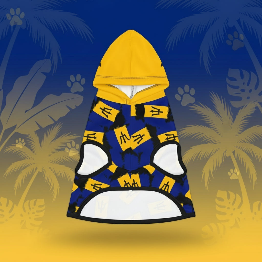 Dog hoodie with yellow hood and blue body featuring a pattern on a palm tree background