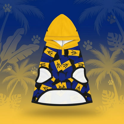 Dog hoodie with yellow hood and blue body featuring a pattern on a palm tree background