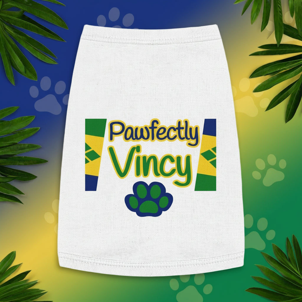 White pet skirt with 'Pawfectly Vincy' text and paw print design on a white background