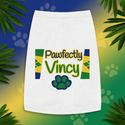 White pet skirt with 'Pawfectly Vincy' text and paw print design on a white background