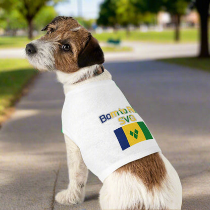 Dog wearing a white shirt with text and a flag design on a white background