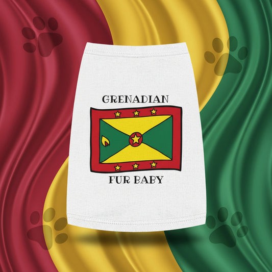 A dog wearing a white tank top with a Grenada flag design and the text 'GRENADIAN FUR BABY' on it.