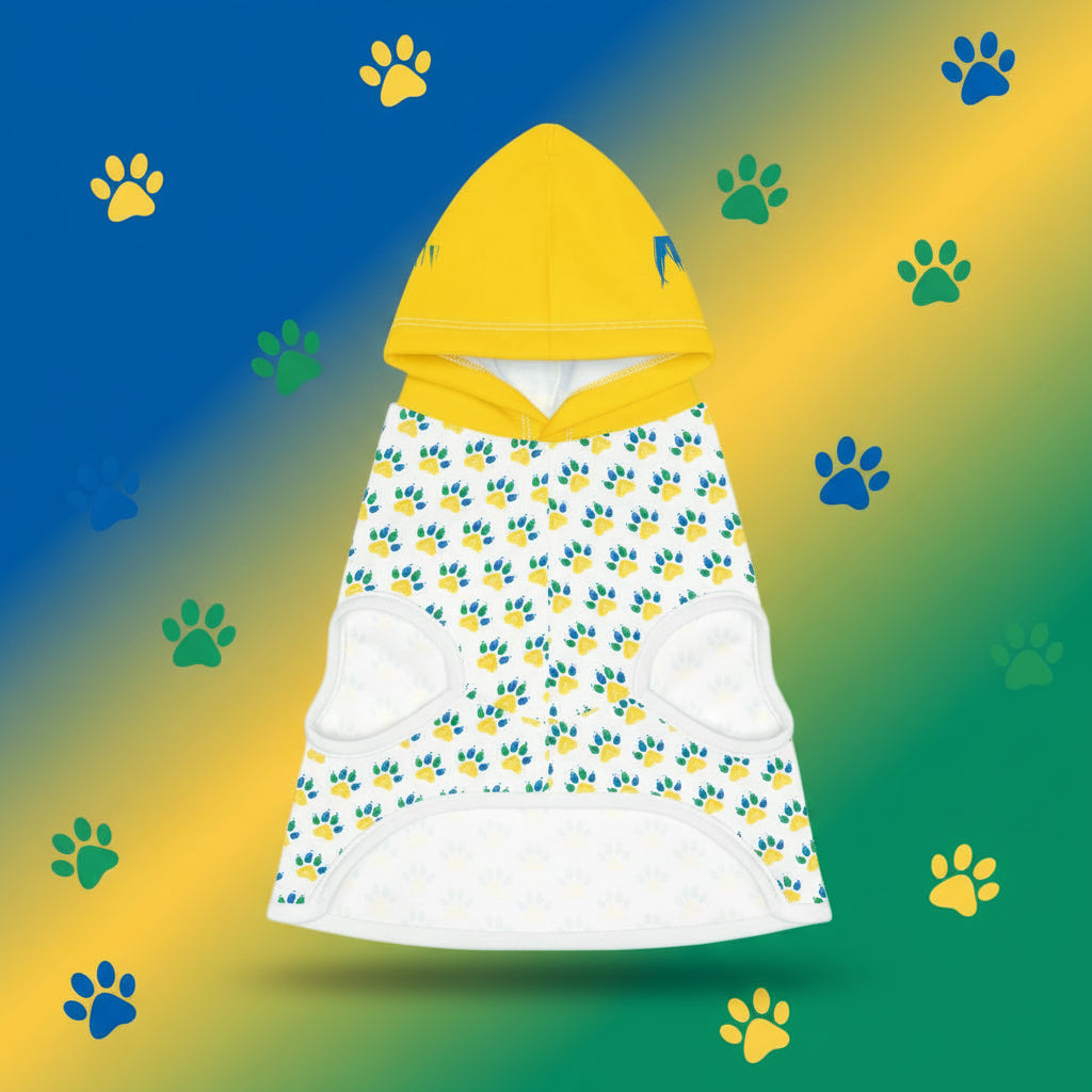 Yellow hooded towel with paw print pattern on a gray background