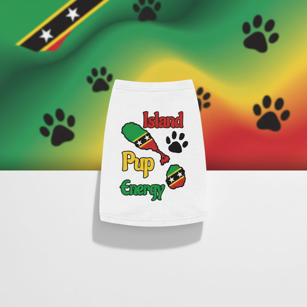 White pet dress with 'Island Pup Energy' text and paw print design on a tropical leaf background