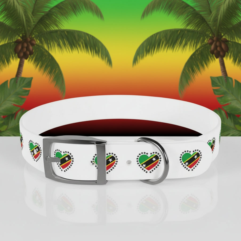 White dog collar with heart designs on a tropical background