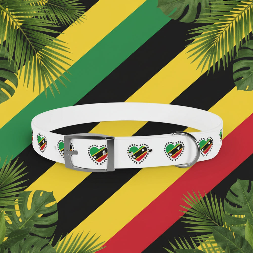 White dog collar with heart-shaped designs on a gray background