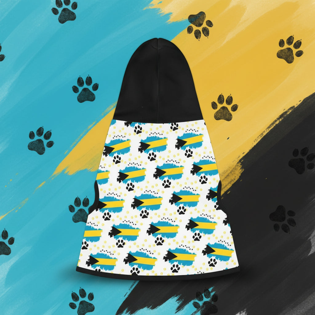 Dog coat with Bahamian flag pattern on a white background