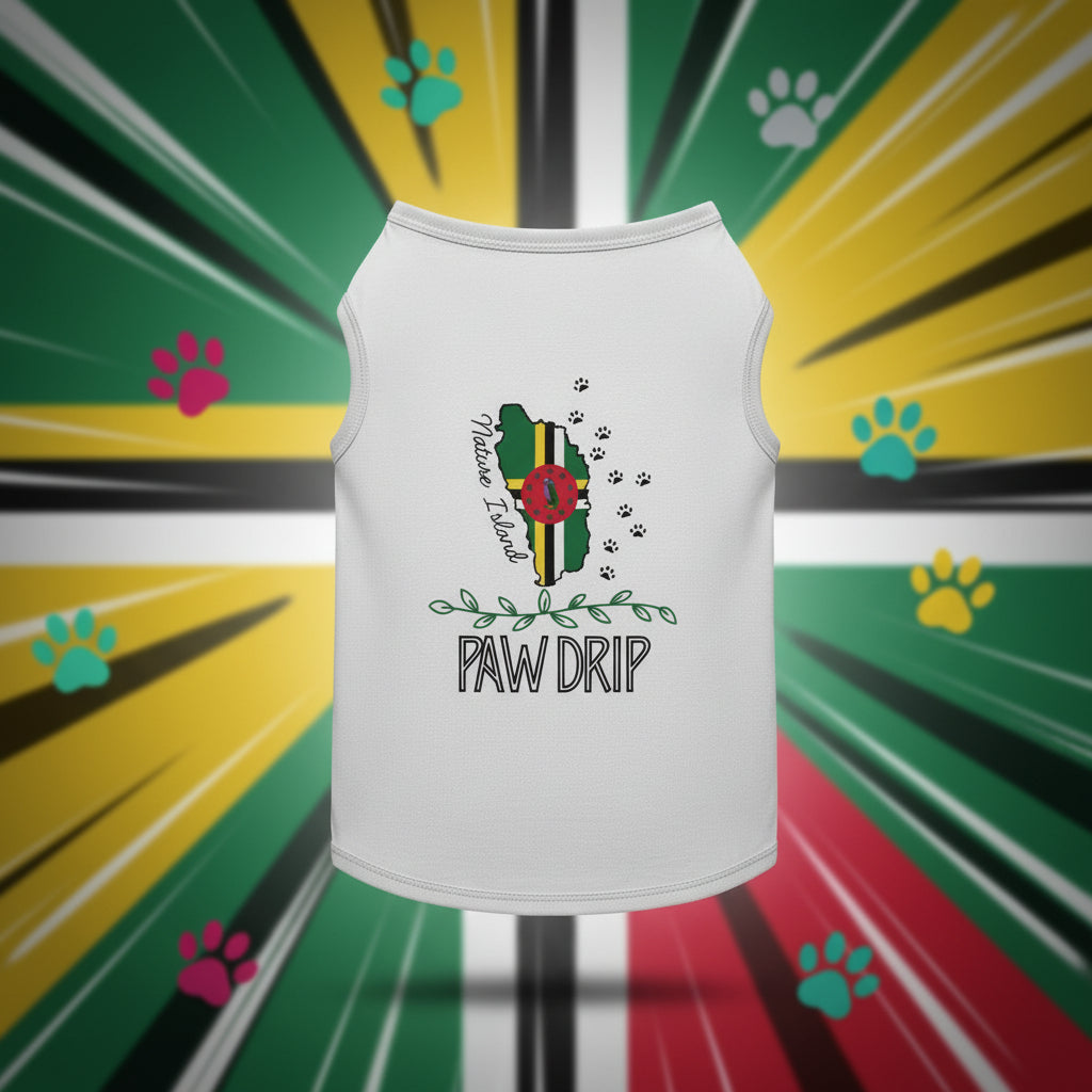 White tank top with 'Paw Drip' design on a dark background with tropical leaves