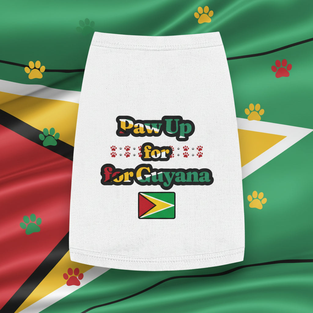 White pet skirt with 'Paw Up for Guyana' text and flag design on a white background