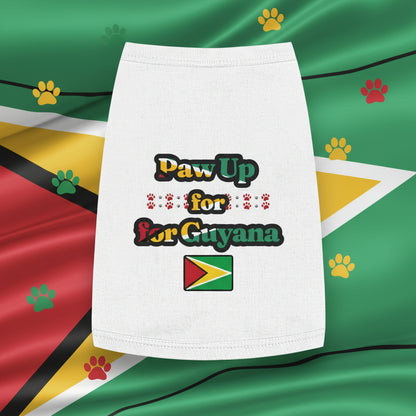 White pet skirt with 'Paw Up for Guyana' text and flag design on a white background