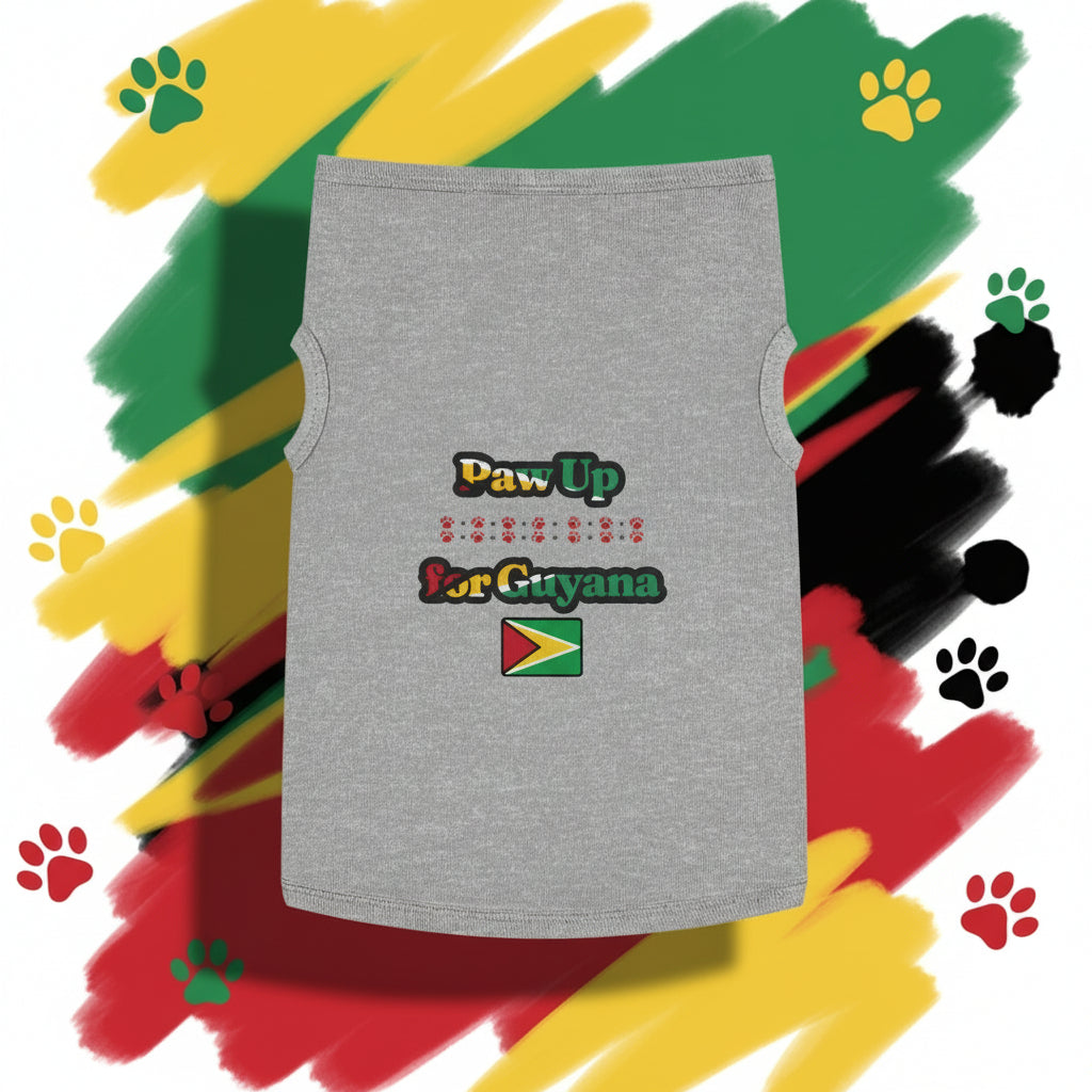 Gray sleeveless shirt with 'Daw Up for Guyana' text and flag design on a white background