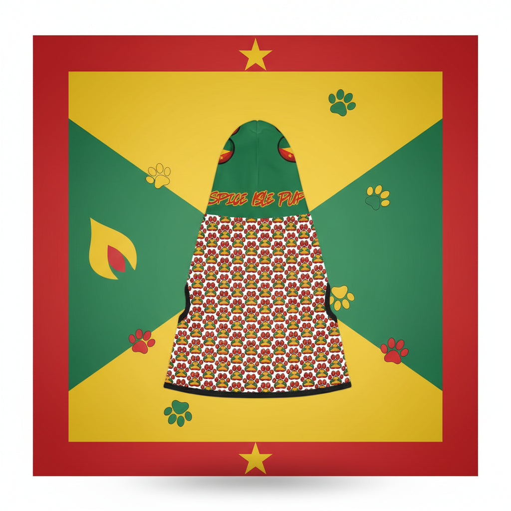 Dog dress with 'Spice Isle Pups' text and paw print pattern on a white background