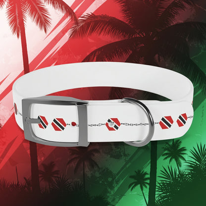 White dog collar with a metallic buckle and decorative pattern on a neutral background