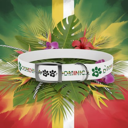 White dog collar with 'Dominic' branding on a decorative background of green leaves and flowers.