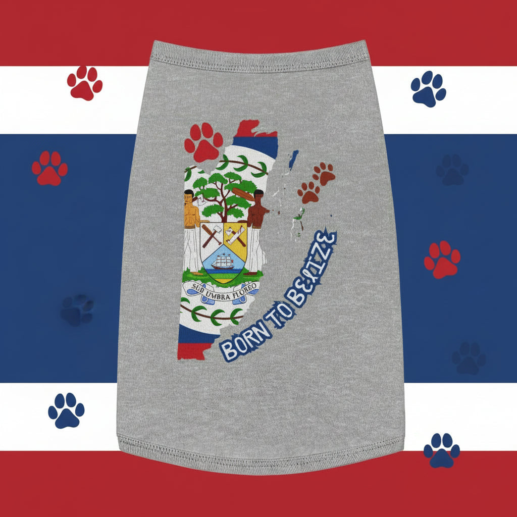 Gray skirt with Belizean flag design and 'Born to Belize' text on a tropical background