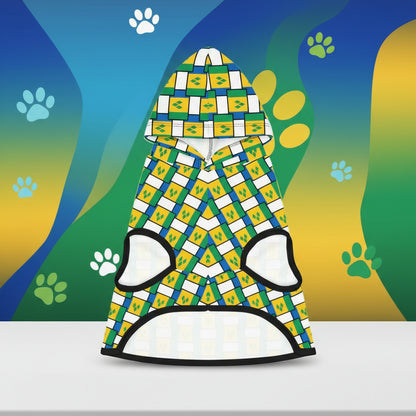 Colorful patterned towel on a wooden surface with palm trees and beach in the background