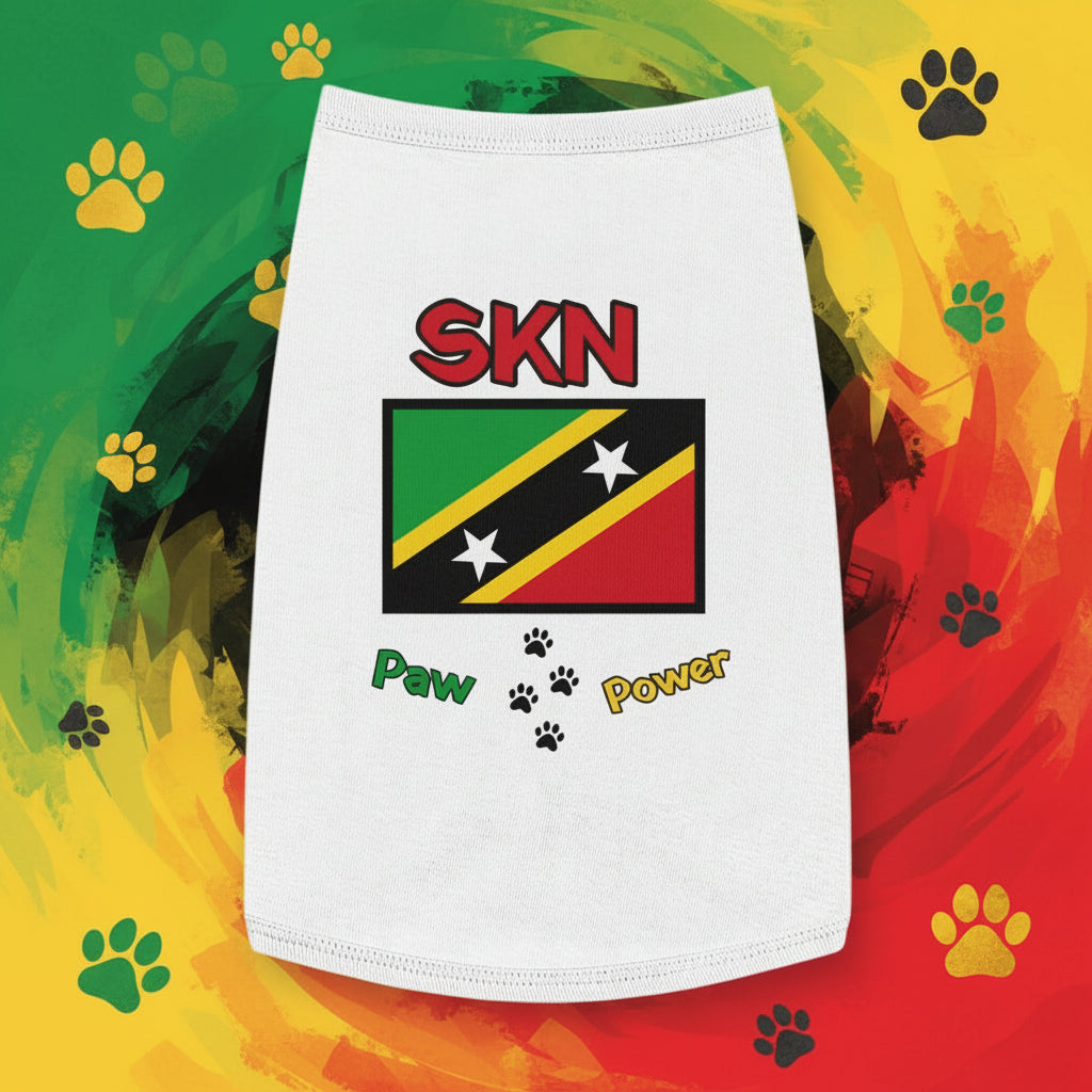 White towel with Saint Kitts and Nevis flag design and 'SKN Paw Power' text on a gray background.