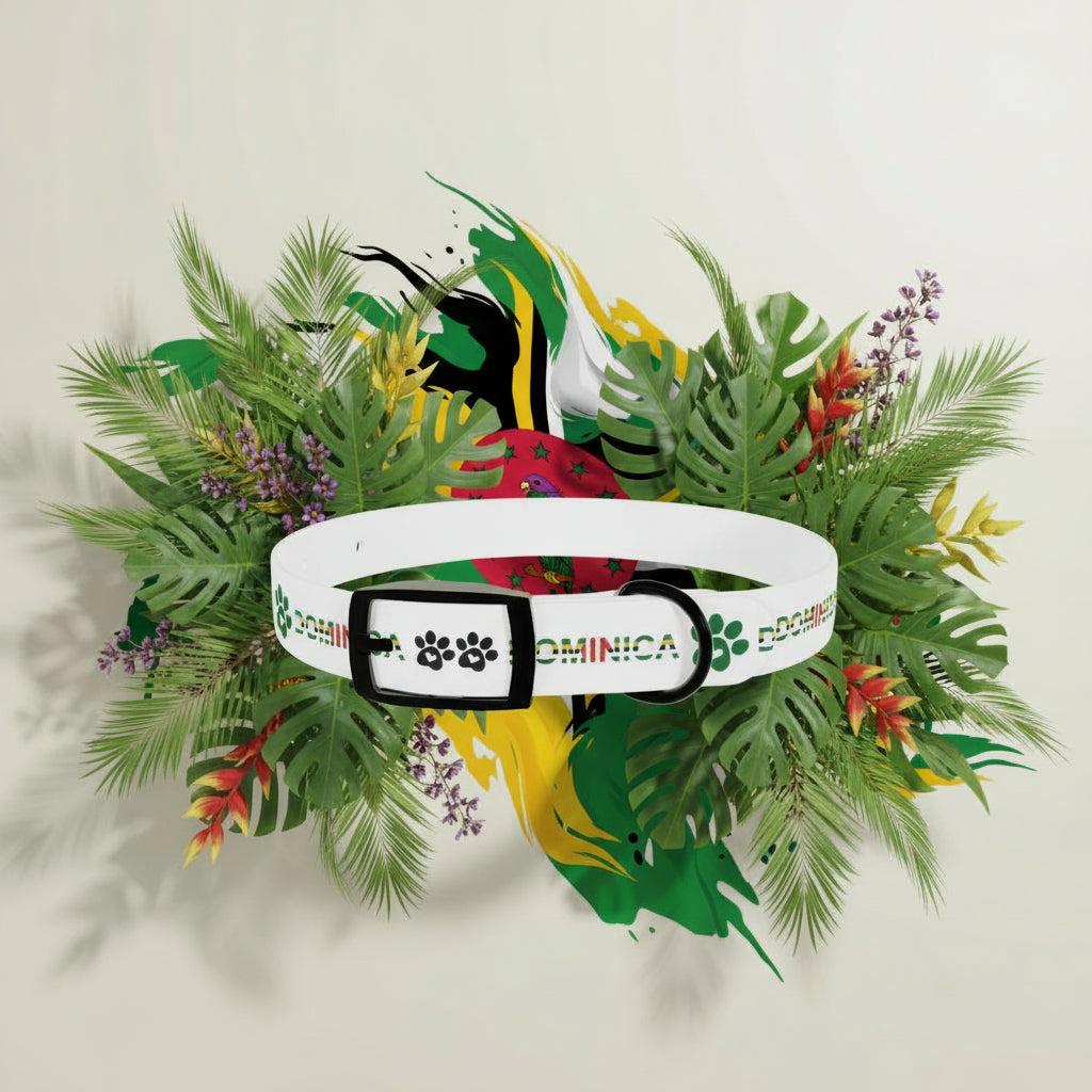 White dog collar with black buckle on a decorative background of green leaves and flowers