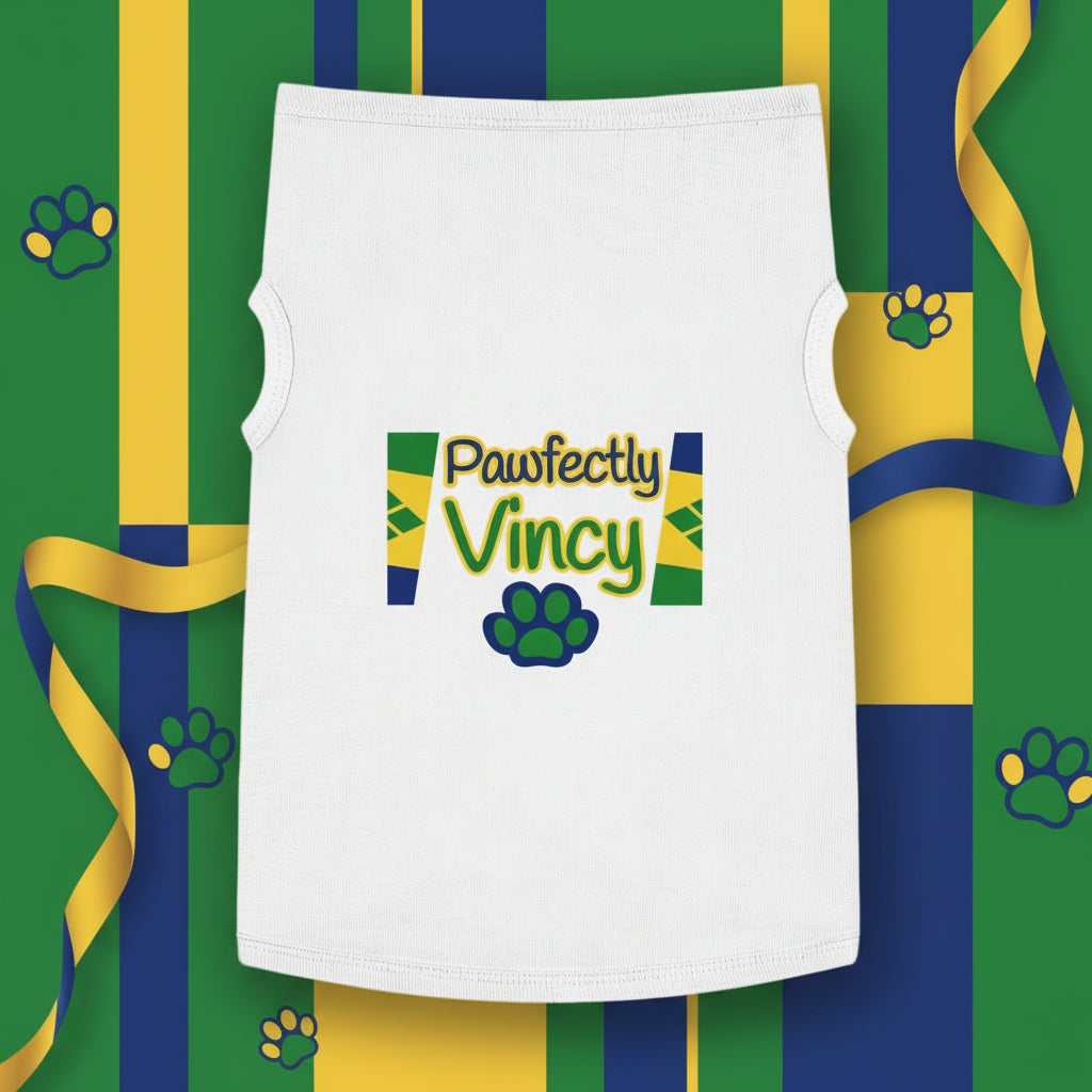 White towel with 'Pawfectly Vincy' text and logo against a palm tree background