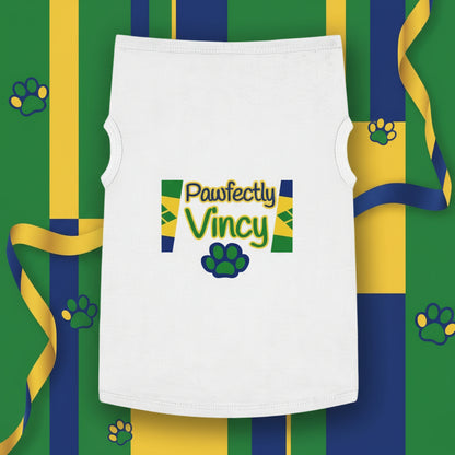 White towel with 'Pawfectly Vincy' text and logo against a palm tree background