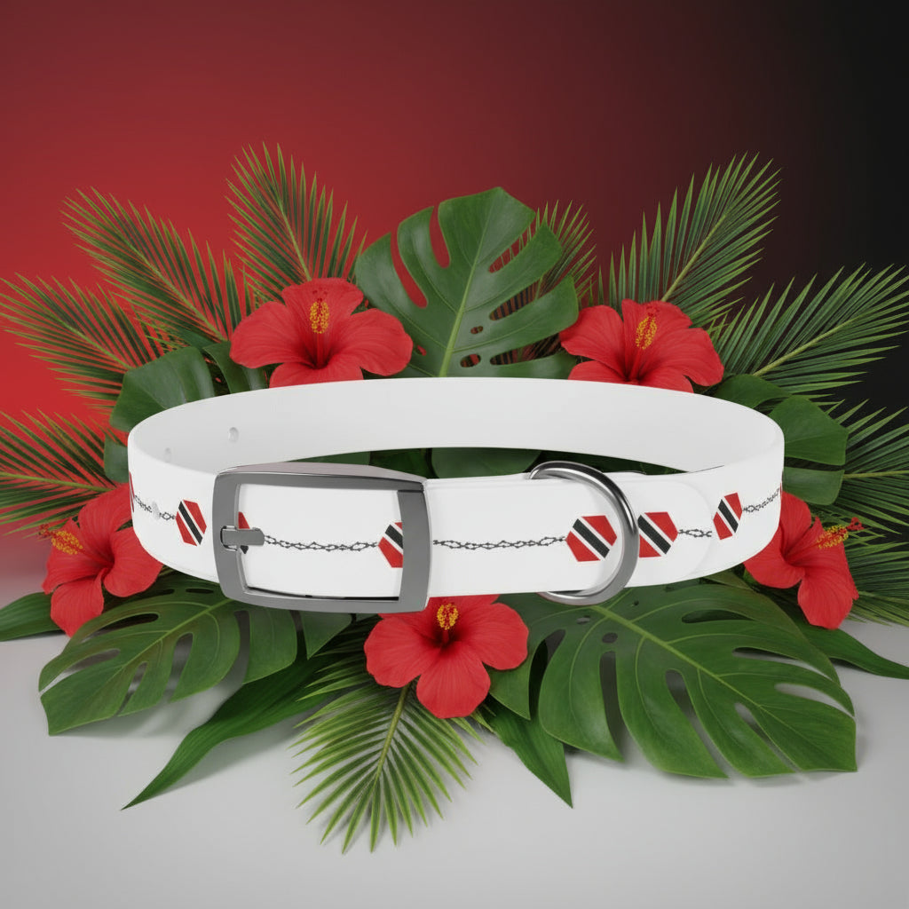 White dog collar with red and black pattern on a gray background