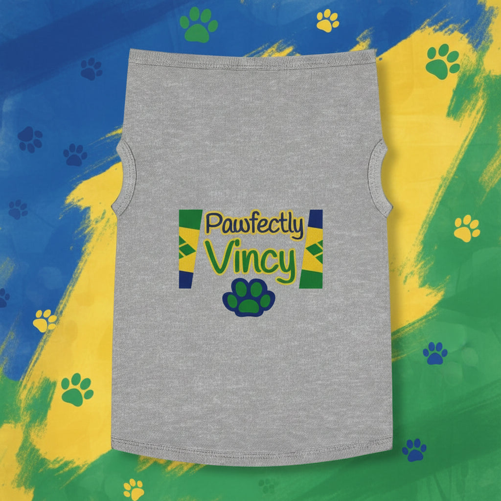 Gray sleeveless shirt with 'Pawfectly Vincy' text and paw print on a blue background with palm leaves.