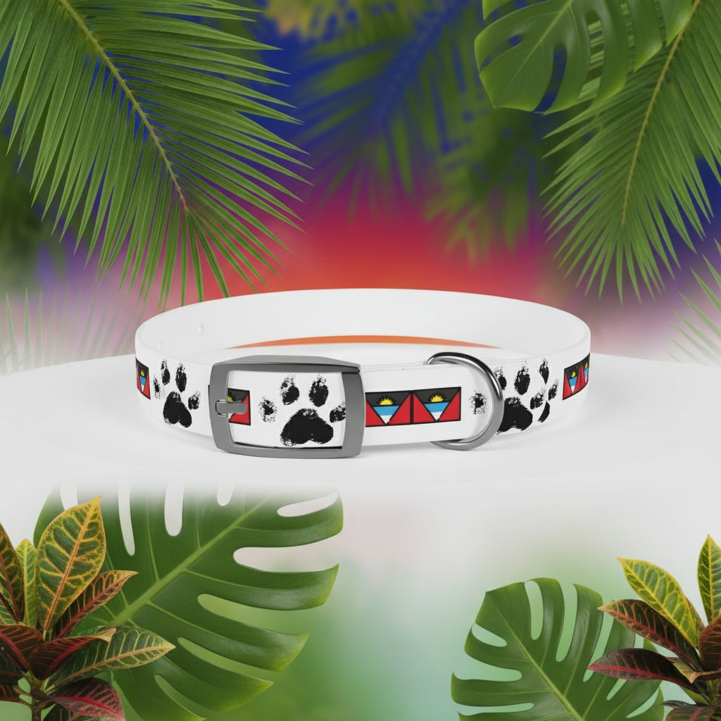Dog collar with paw print design on a tropical background