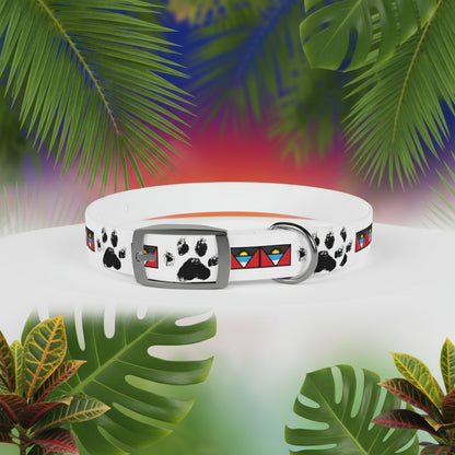 Dog collar with paw print design on a tropical background
