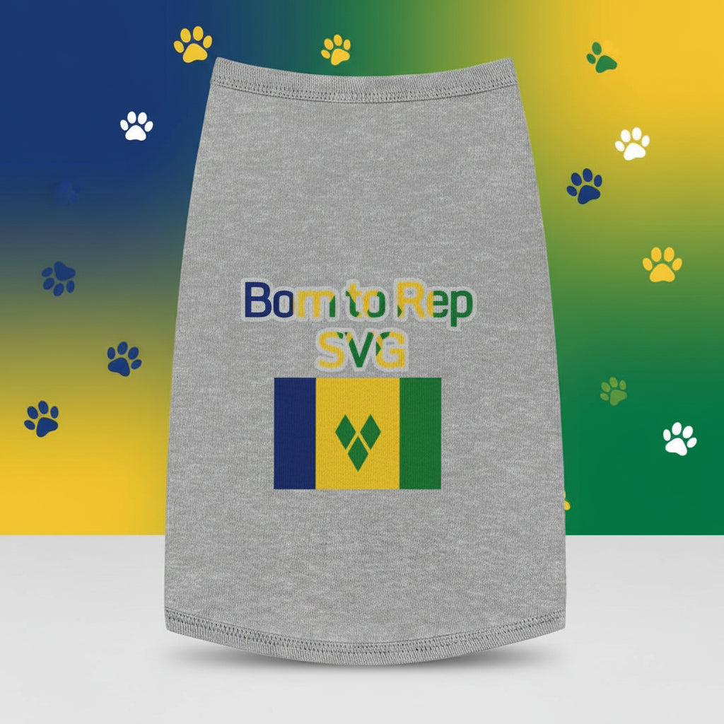 Gray sleeveless shirt with 'Born to Rep SVG' text and flag design on a wooden surface with leaves.