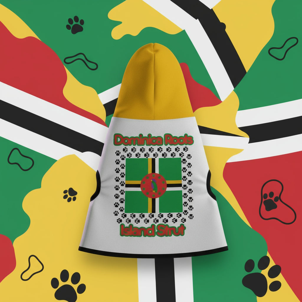 Dog coat with Dominica Roots design on a white background