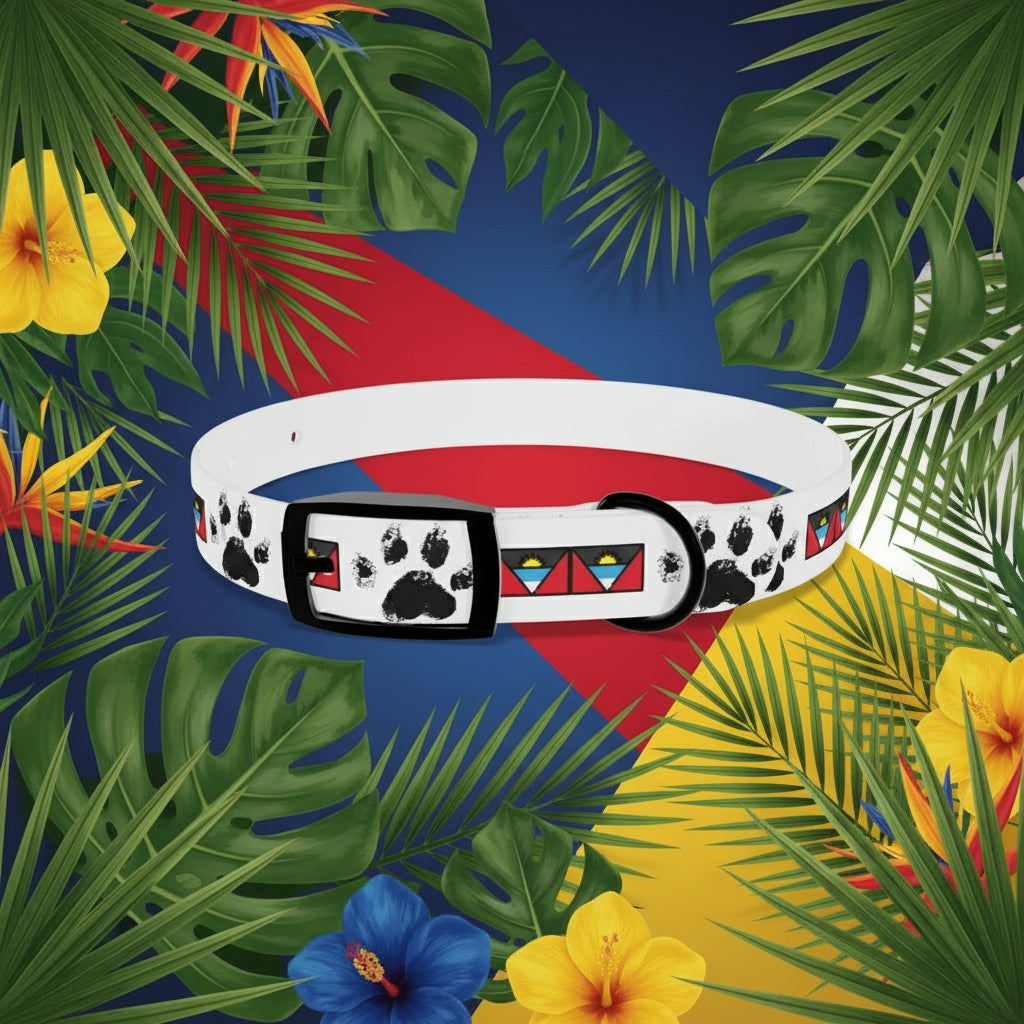Dog collar with paw print and geometric pattern on a white background