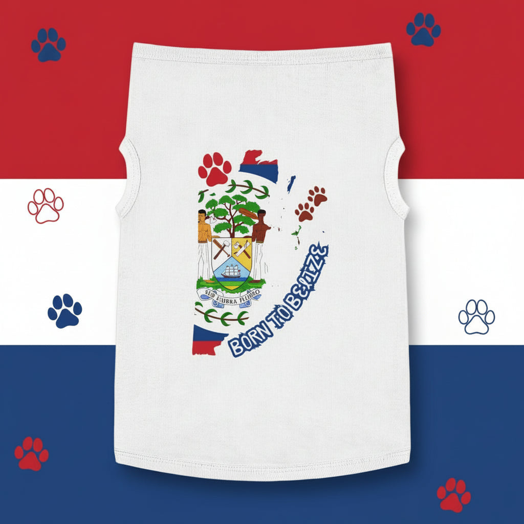 White sleeveless shirt with a colorful logo and 'Born to Belize' text on a gray background with green leaves.