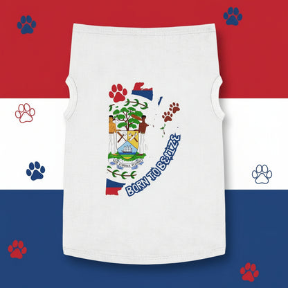White sleeveless shirt with a colorful logo and 'Born to Belize' text on a gray background with green leaves.