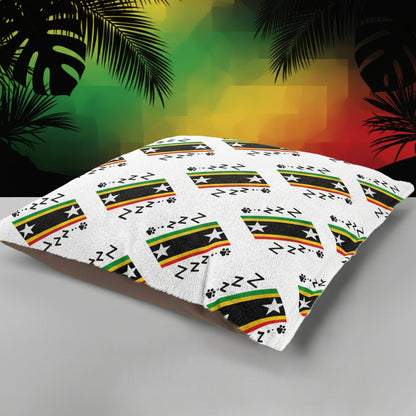 Fabric swatches with a pattern of stars, paw prints, and text on a gray background