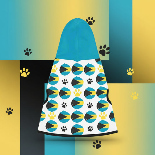 Surfboard with Bahamian flag pattern on a beach with palm trees