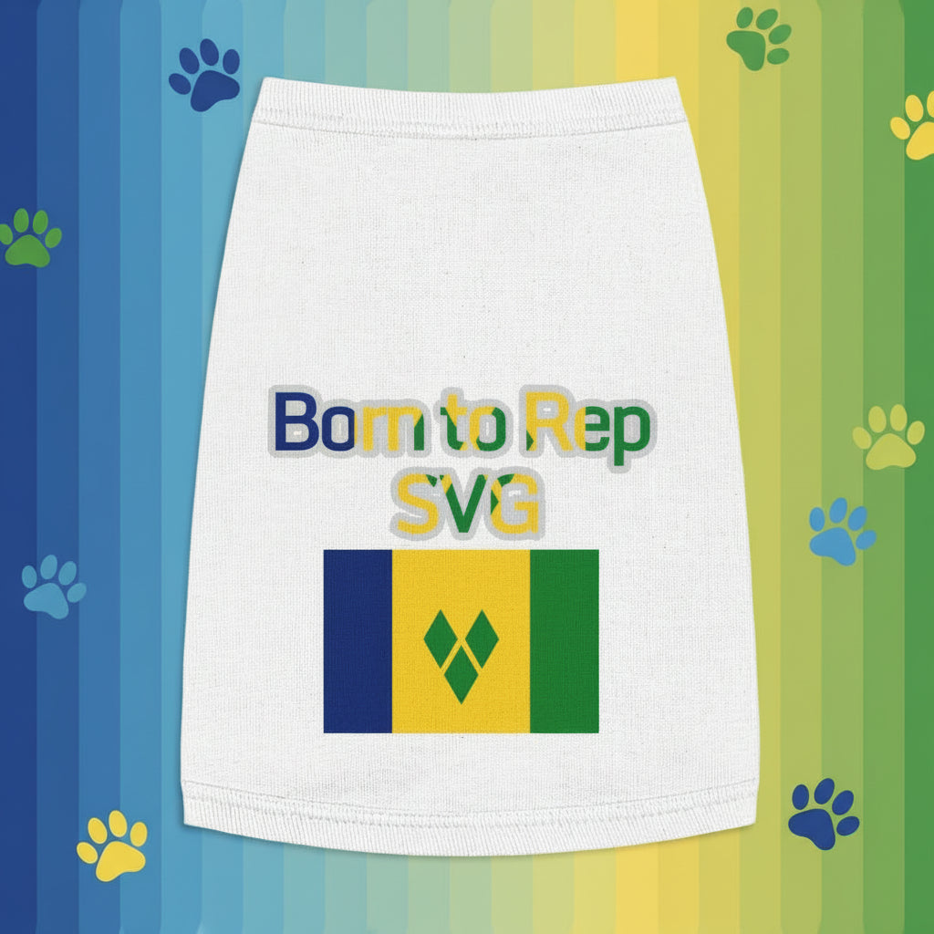 White skirt with 'Born to Rep SVG' text and flag design on a wooden surface with green leaves.