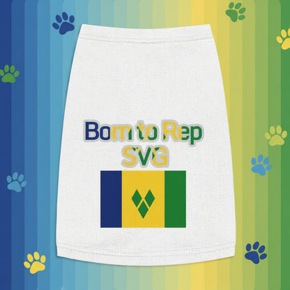 White skirt with 'Born to Rep SVG' text and flag design on a wooden surface with green leaves.