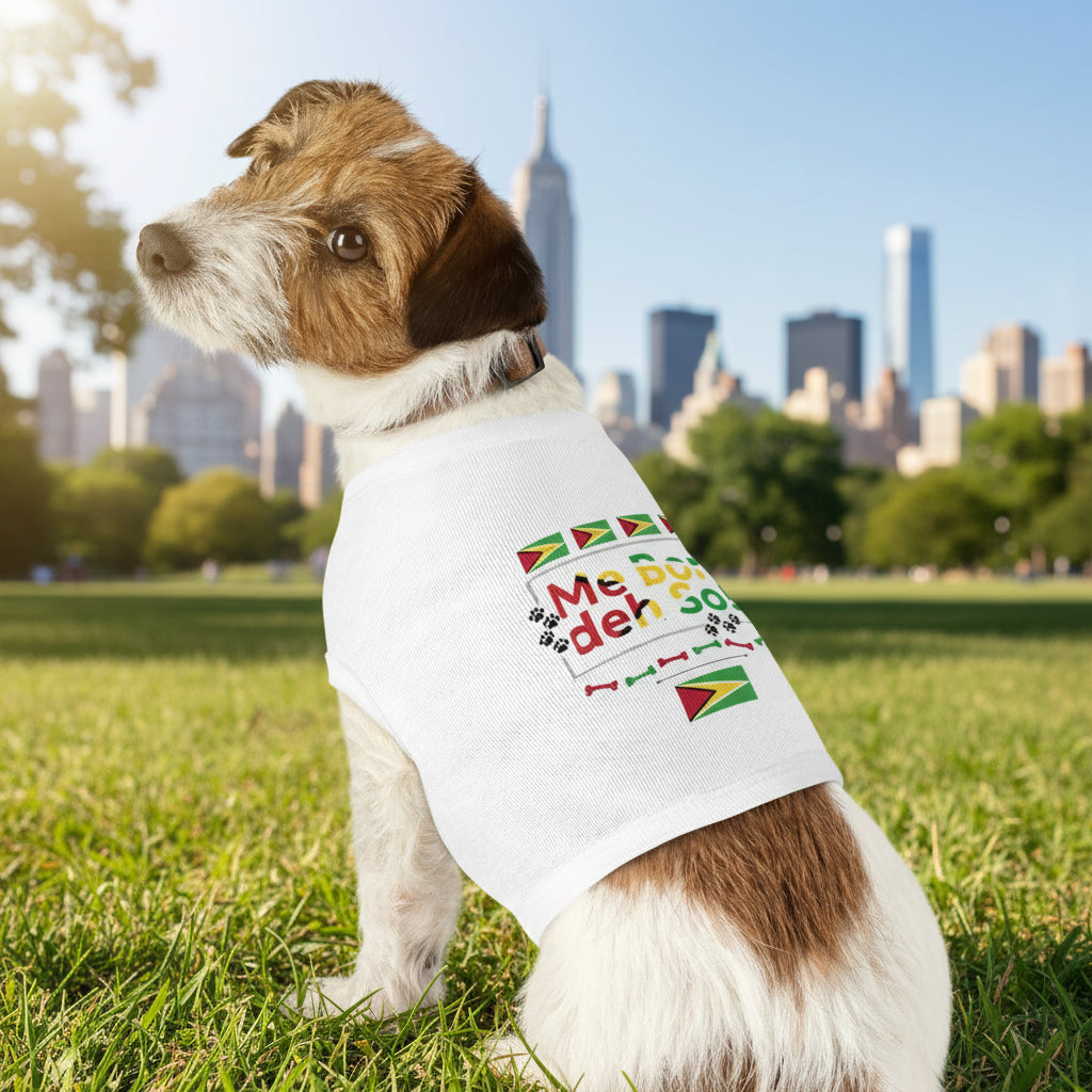 Dog wearing a white shirt with colorful text and graphics on a white background