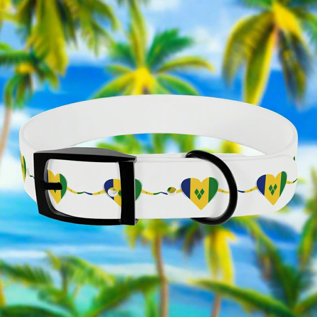 White dog collar with heart designs featuring colors of the flag of Saint Vincent and the Grenadines on a white background.
