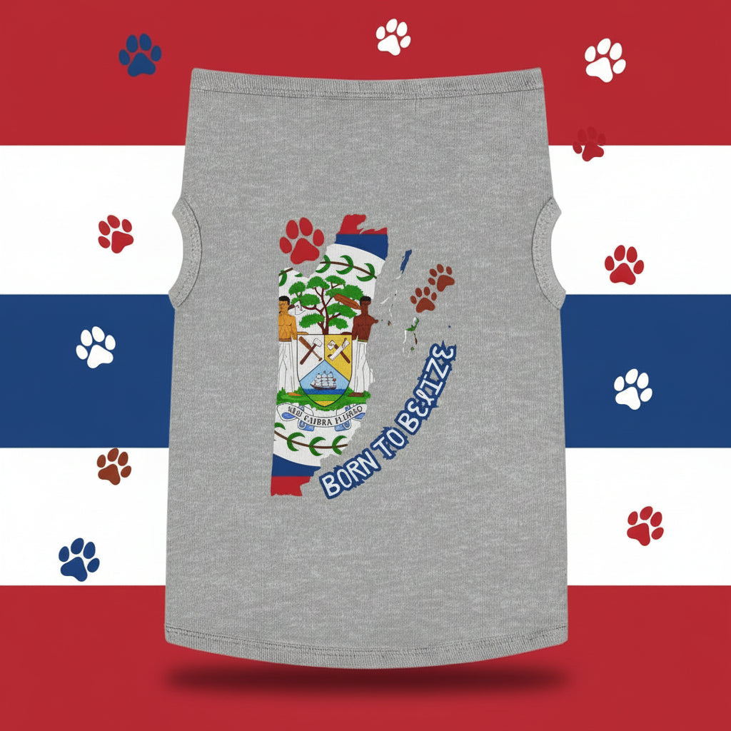 Gray tank top with Belizean flag design and 'Born to Belize' text on a colorful background