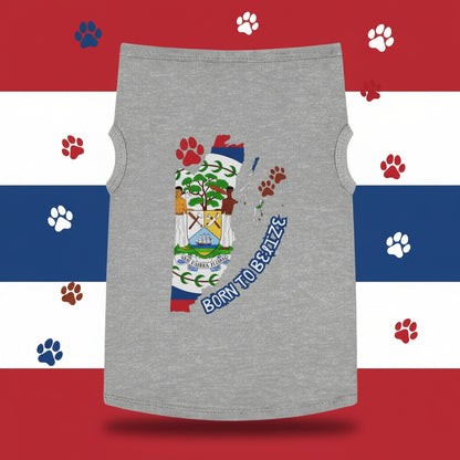 Gray tank top with Belizean flag design and 'Born to Belize' text on a colorful background
