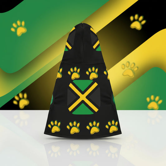Black pet coat with Jamaican flag design and yellow paw prints on a white background